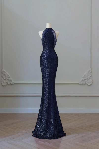 Shop 2025 ANNAKOO Navy Blue High Neck Sequin Trumpet Mermaid Prom Dress Under 139