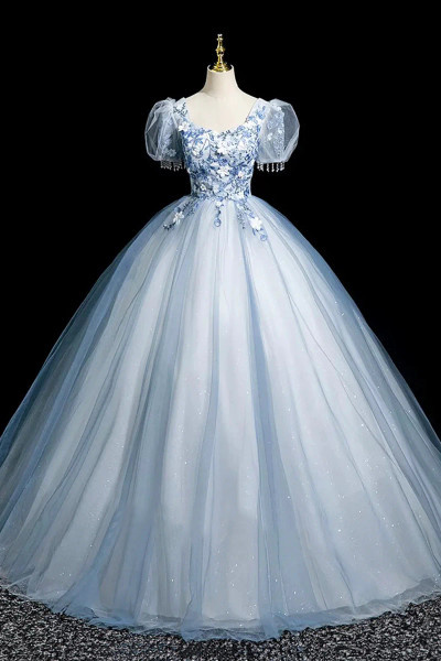 Shop 2025 ANNAKOO Blue Tulle Short Sleeve A Line Appliques Sparkle Prom Dress Under 178