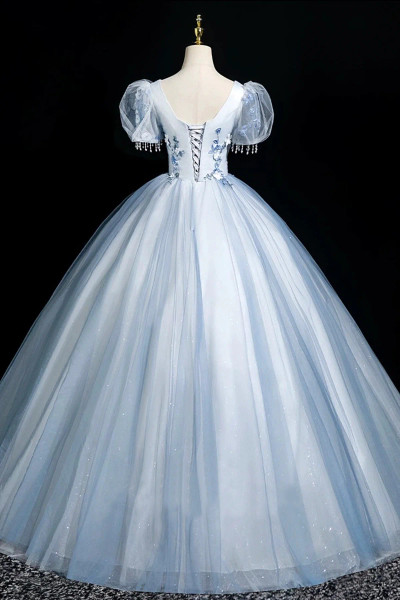 Shop 2025 ANNAKOO Blue Tulle Short Sleeve A Line Appliques Sparkle Prom Dress Under 178