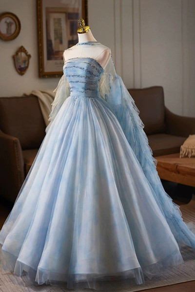 Shop 2025 ANNAKOO Blue Printed Pattern Tulle Beading Prom Dress with Cape Under 278