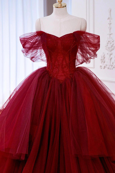 Shop 2025 ANNAKOO Off The Shoulder Tulle Beading Burgundy Ruffles Prom Dress Under 169