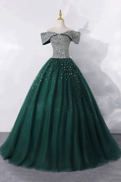 Shop 2025 ANNAKOO Green Beading Tulle Off The Shoulder Sparkle Prom Dress Under 189