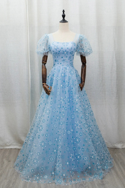 Shop 2025 ANNAKOO Blue SnowFlake Sparkle Tulle A Line Short Sleeves Prom Dress Under 159