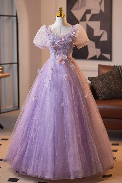 Lilac Sqaure Short Sleeves Tulle Floral Prom Dress