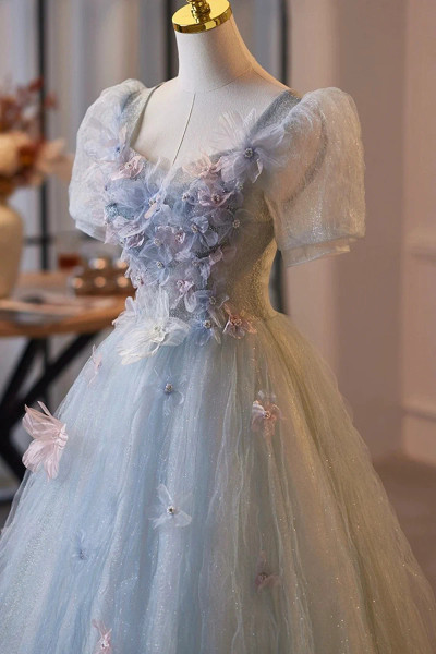 Shop 2025 ANNAKOO Blue Short Sleeves Square Tulle A Line Floral Prom Dress Under 178