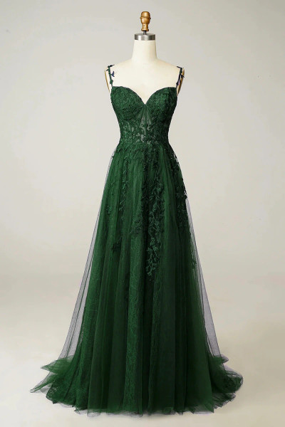 Shop 2025 ANNAKOO Green Tulle and Lace Appluques Spaghetti Straps Prom Dress Under 159