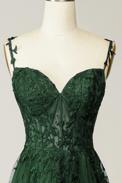 Shop 2025 ANNAKOO Green Tulle and Lace Appluques Spaghetti Straps Prom Dress Under 159