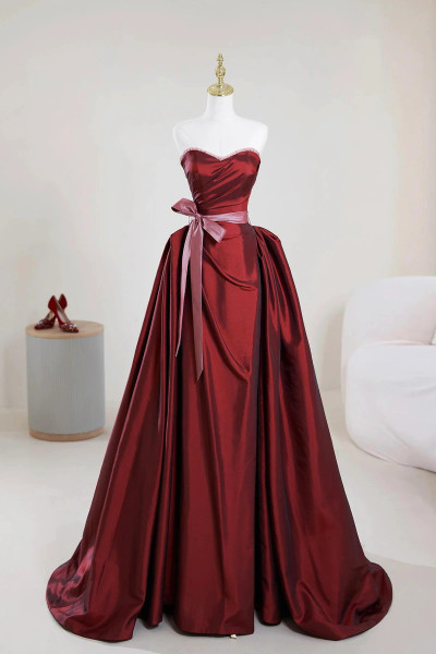 Shop 2025 ANNAKOO Burgundy Satin Off The Shoulder Ruched Belt Prom Dress Under 169