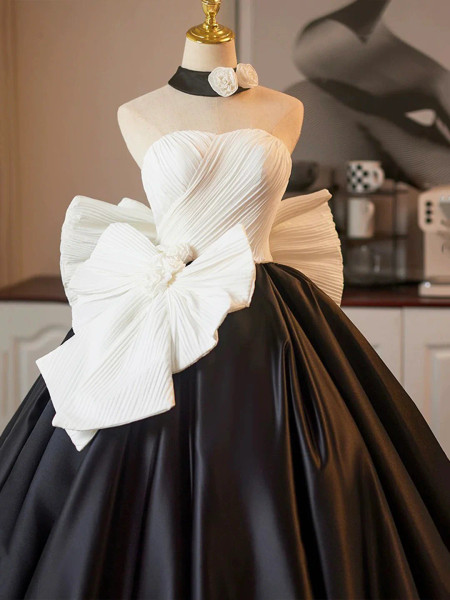 Shop 2025 ANNAKOO White & Black Satin Bow Flower A Line Prom Dress Under 179
