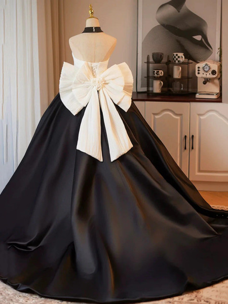 Shop 2025 ANNAKOO White & Black Satin Bow Flower A Line Prom Dress Under 179