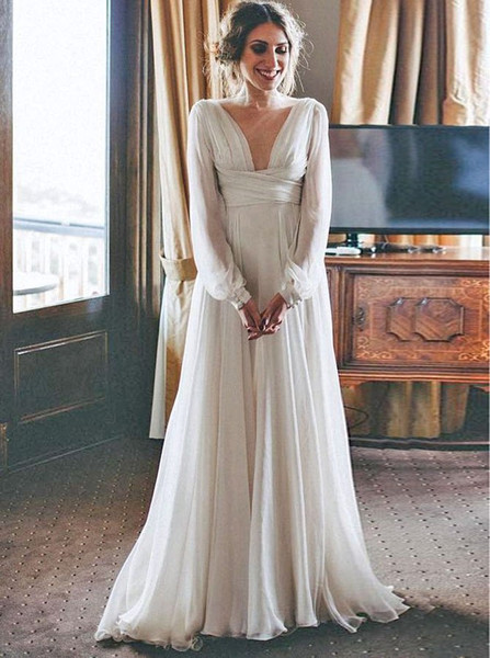 v neck long sleeve wedding gown