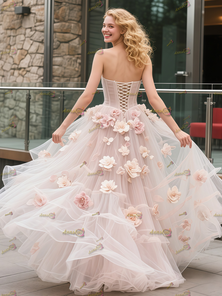 Shop  2025 ANNAKOO Pink Sweetheart Tulle Flowers Ruffles A Line Wedding Dress Under 298