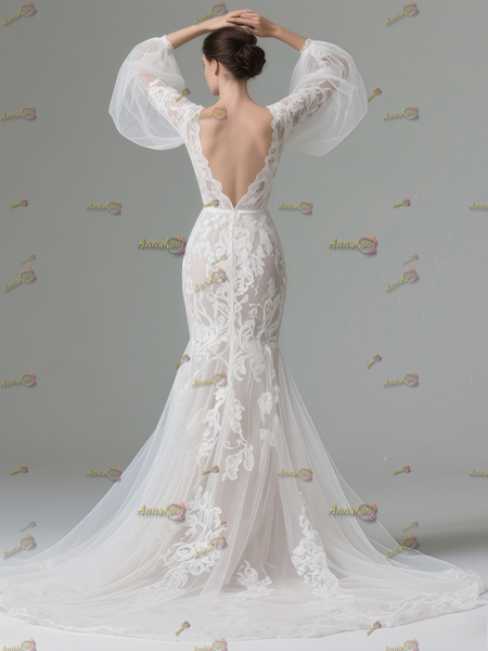 Shop 2025 ANNAKOO Puffy Long Sleeve V Neck Trumpet Mermaid Lace Wedding Dress Under 298