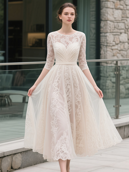 Shop 2025 Annakoo Scoop Half Sleeve Lace Chiffon Tea Length Wedding Dress Under 149