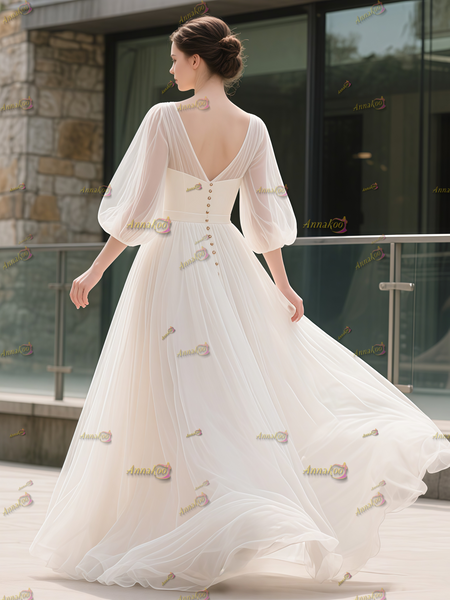 Shop 2025 ANNAKOO Half Sleeve Puffy Sleeve Tulle Square A Line Wedding Dress Under 178