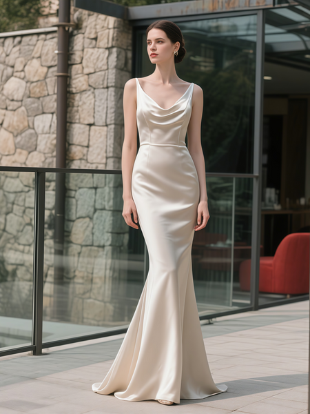 Shop 2025 ANNAKOO Satin Trumpoet Mermaid Cowl Spaghetti Straps Wedding Dress Under 149