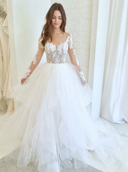  Appliques Asymmetric A-Line Illusion Tulle Wedding Dress