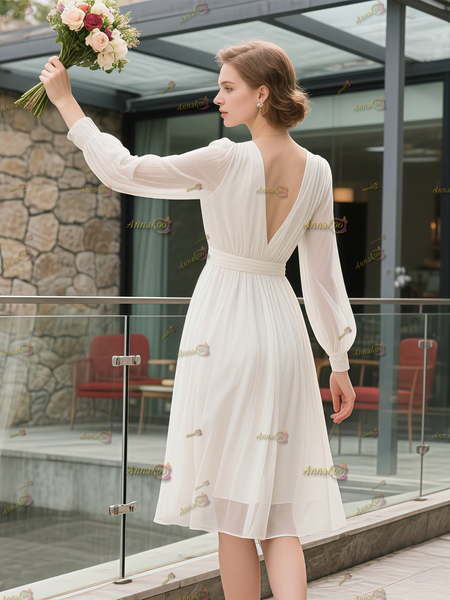 Shop 2025 ANNAKOO Long Sleeve V Neck Chiffon Tea Length Wedding Dress Under 99
