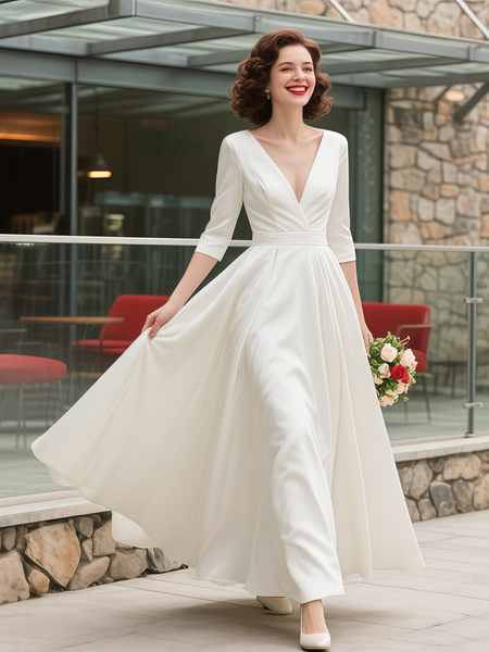 Shop ANNAKOO Deep V Neck Satin Ankle Length A Line Wedding Dress Unde 139