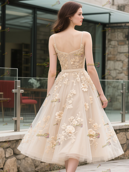 Shop 2025 ANANKOO Champagne Spaghetti Straps Tulle Tea Length Wedding Dress Under 189