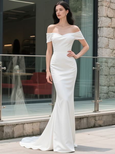 Shop 2025 ANNAKOO Elegant Off The Shoulder Satin Trumpet Mermaid Wedding Dress Under 159