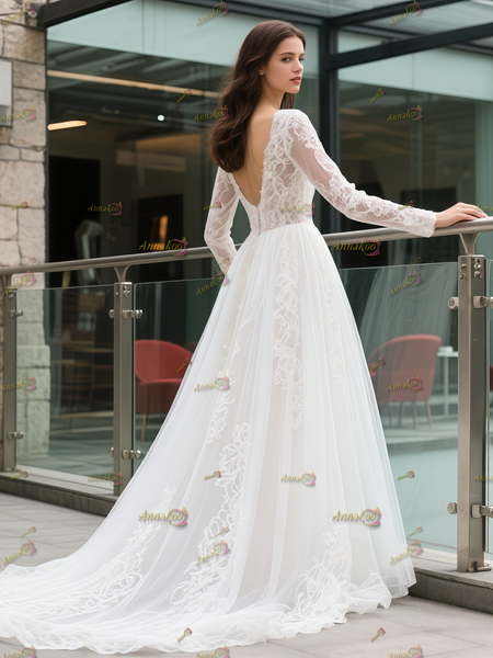 Shop 2025 ANNAKOO Long Sleeve V Neck A Line Lace Appliques Wedding Dress Under 198