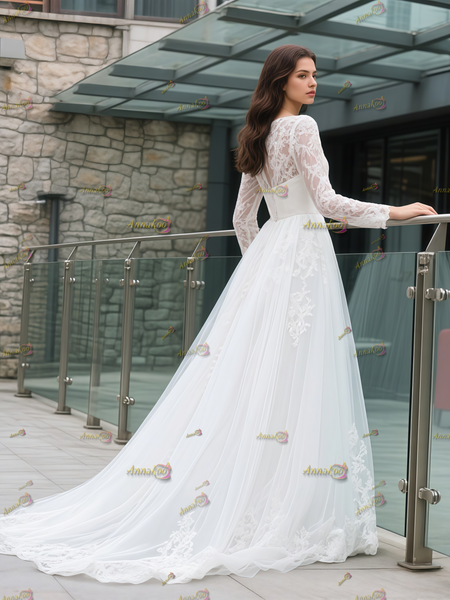 Shop 2025 ANNAKOO Lace Long Sleeve Scoop Tulle Long Sleeve Wedding Dress Under 189