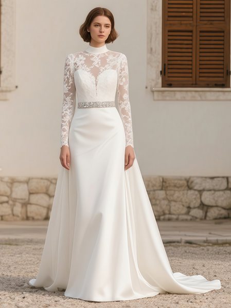 Shop 2025 ANNAKOO High Neck Long Sleeves Lace Beading Trumpet Mermaid Wedding Dress Under 190