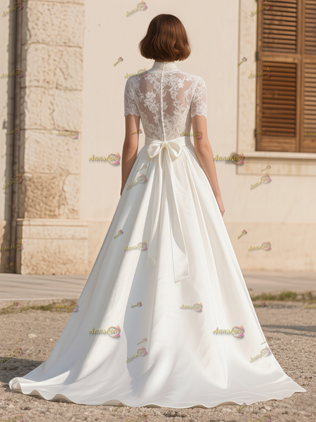 Shop 2025 ANNAKOO High Neck A Line Lace Short Sleeve Wedding Dress Under 199