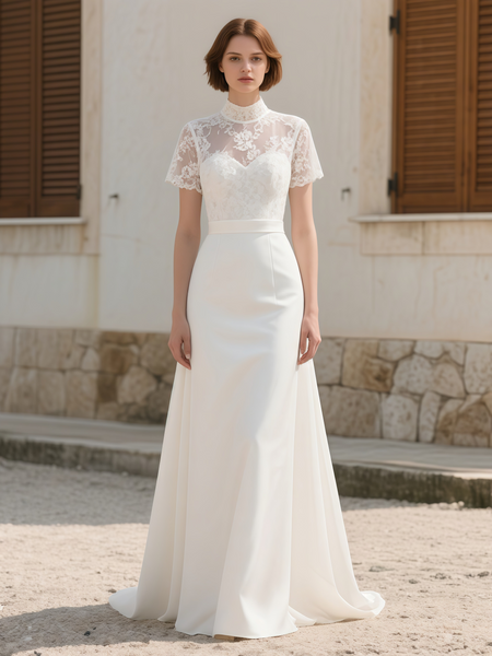 Shop 2025 ANNAKOO Short Sleeve High Sleeve Satin Lace Wedding Dress With Sash Under 189