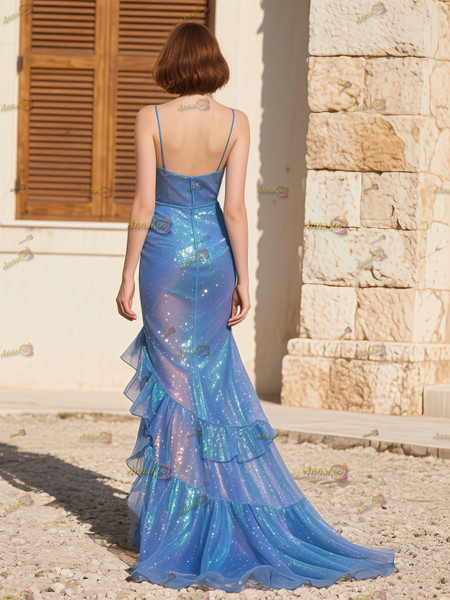 Shop 2025 ANNAKOO Blue Spaghetti Straps Sparkle Tulle Ruffles Prom Dress Under 189