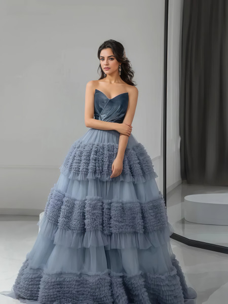 Shop 2025 ANNAKOO Blue Strapless Layered Tulle Ruffled Prom Dress Under 459