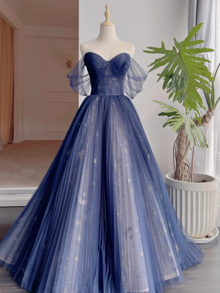 Shop 2025 ANNAKOO Off the Shoulder Blue Tulle Star Print Prom Dress Under 188