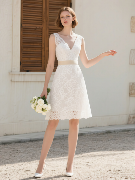 Shop 2025 ANNAKOO Lace V Neck Knee Length Belt Wedding Dress Under 119
