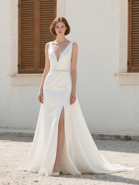 Shop 2025 ANNAKOO V Neck Beading A Line Satin Wedding Dress With Slit Under 189