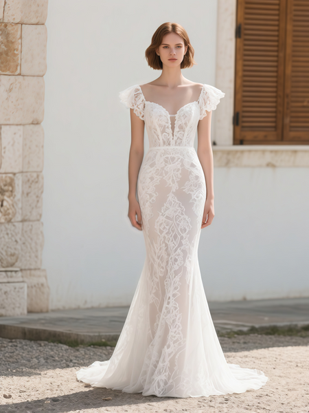 Shop 2025 ANNAKOO Lace Cap Sleeves Sheer Trumpet Mermaid Wedding Dress Under 199