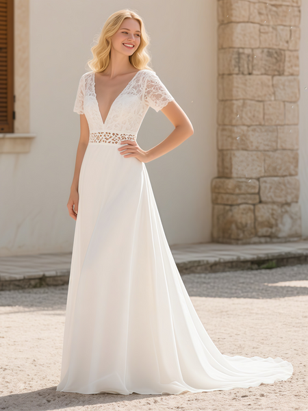 Shop 2025 ANNAKOO Short Sleeve Hollow Waist A Line V Neck Wedding Dress Under 189
