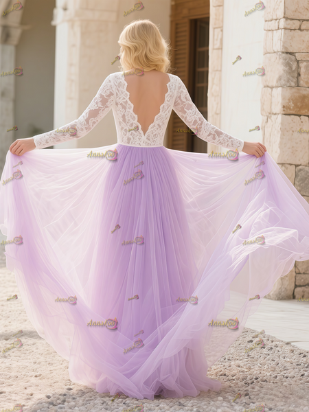 Shop 2025 ANNAKOO Long Sleeve V Neck Lace Purple Wedding Dress Under 189