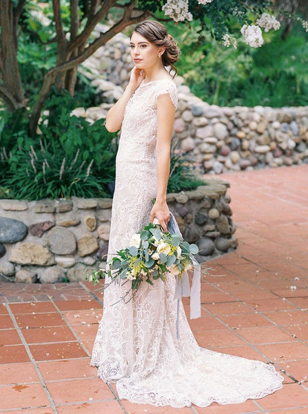 Open Back Cap Sleeves Lace Sheath Bateau Wedding Dress