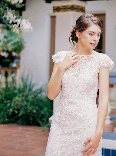 Open Back Cap Sleeves Lace Sheath Bateau Wedding Dress