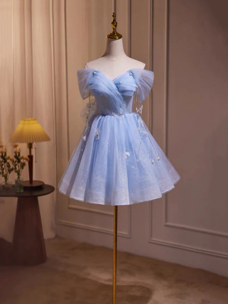 Shop 2025 ANNAkOO Blue Tulle Short A-Line Butterfly Pearls Homecoming Dress Under 139