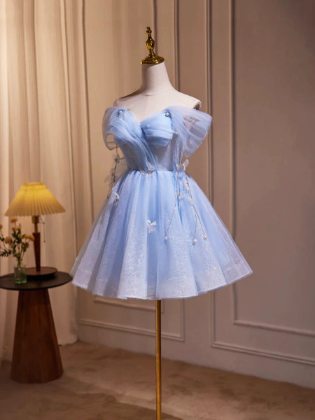 Shop 2025 ANNAkOO Blue Tulle Short A-Line Butterfly Pearls Homecoming Dress Under 139