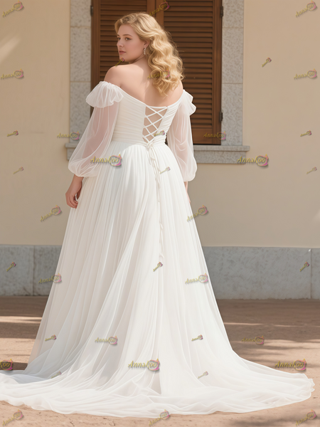 Shop 2025 ANNAKOO Off The Shoulder Long Sleeves Ruched Plus Size Wedding Dress Under 188