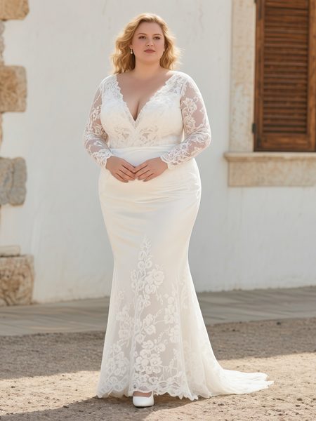 Shop 2025 ANNAKOO Long Sleeve Trumpet Mermaid V Neck Plus Size Wedding Dress  Under 189