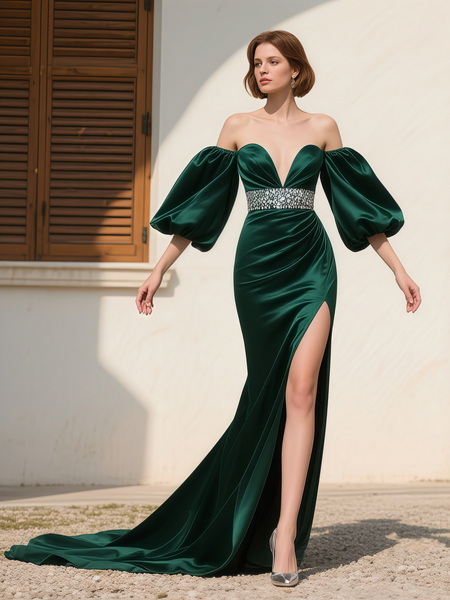 Shop 2025 ANNAKOO Puffy Sleeve Satin Green Trumpet Mermaid Beading Prom Dress With Slit Under 159