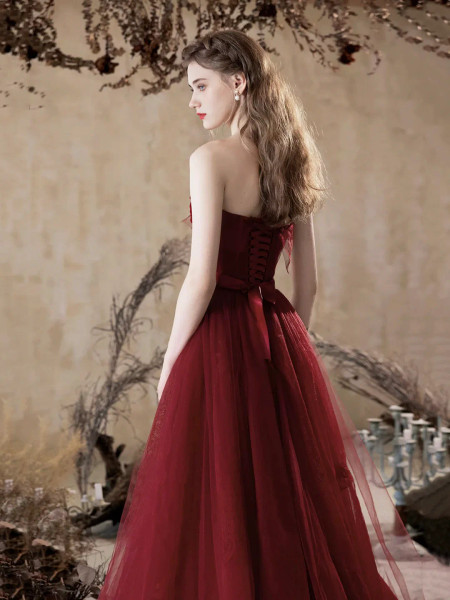 Shop 2025 ANNAKOO  Burgundy Tulle A Line Lace Up Belt Prom Dress Under 190