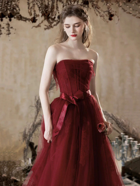 Shop 2025 ANNAKOO  Burgundy Tulle A Line Lace Up Belt Prom Dress Under 190