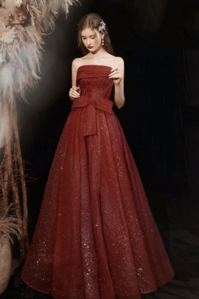 Shop 2025 ANNAKOO Burgundy Strapless Sequin Sparkle Tulle A Line Prom Dress Under 159