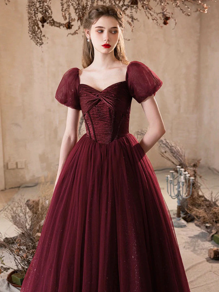Shop 2025 ANNAKOO Burgundy Sparkle Tulle A-Line Short Sleeve Prom Dress Under 169