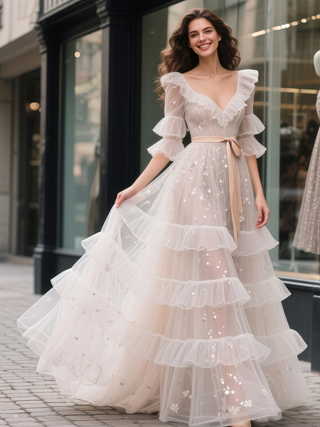 Shop 2025 ANNAKOO Ruffles V Neck Sequin Tulle A Line Wedding Dress With Belt Under  198